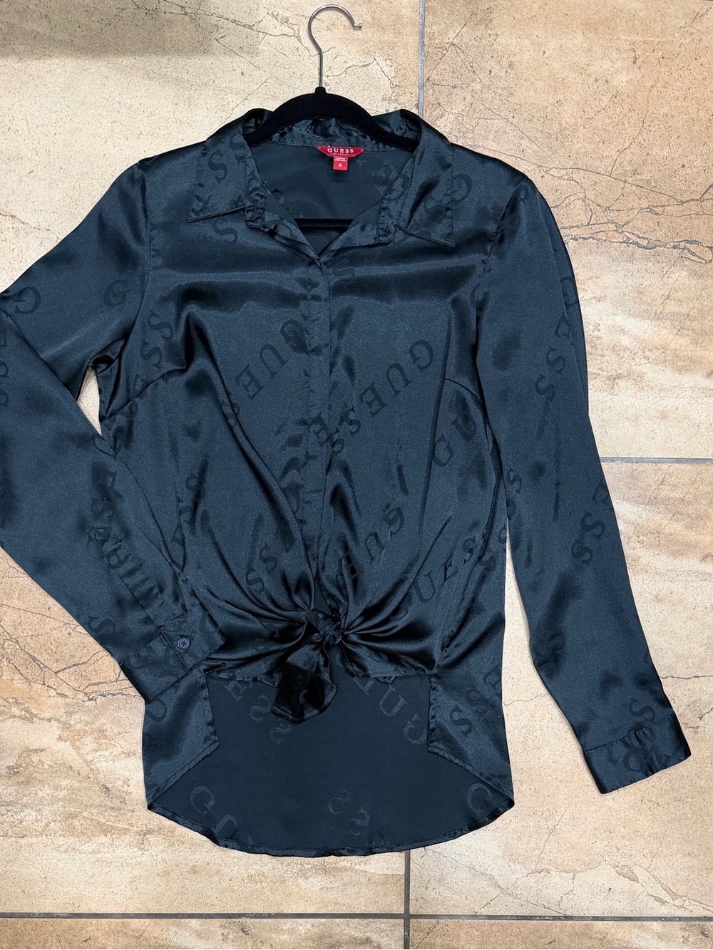 GUESS Black Satin Logo Tie-Front Button-Down Shirt